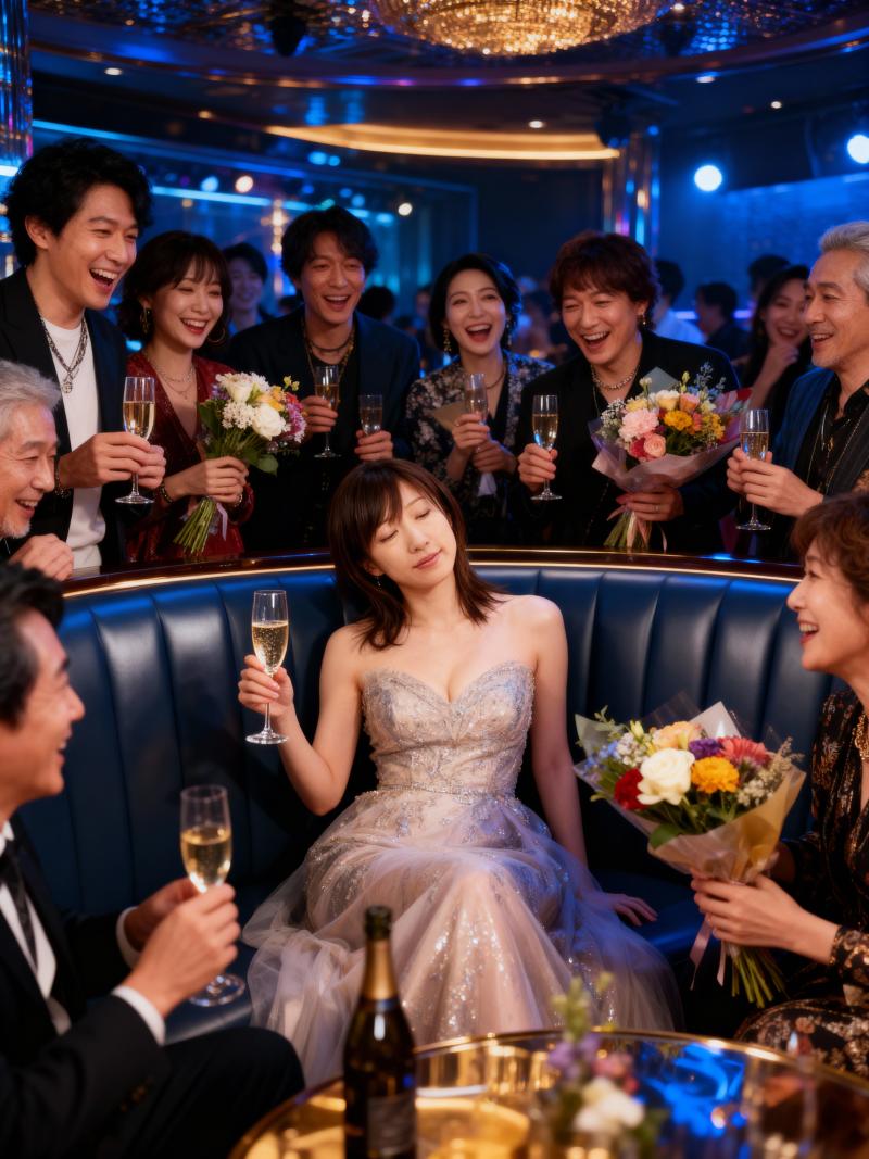 豪華な部屋で花束を持ち、シャンパンで乾杯する人々のグループを描いた映画のワンシーン。