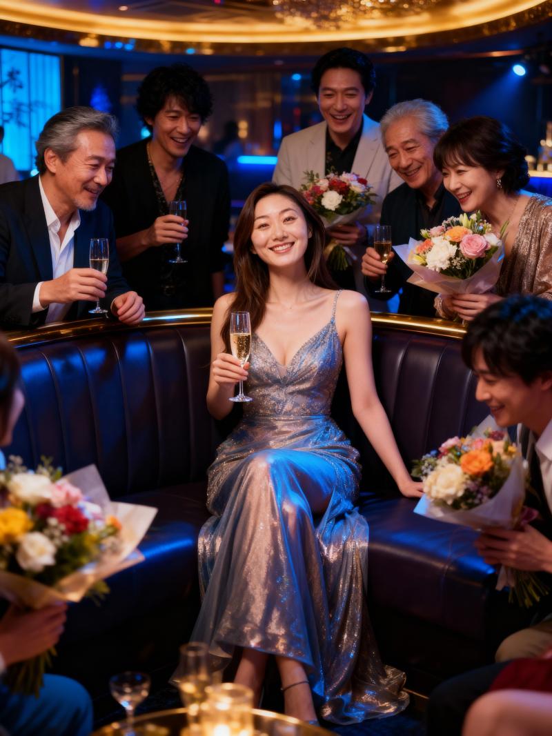 豪華なインテリアと華やかな装飾が施された薄暗い部屋で、きらめく銀のドレスを着た女性が...。