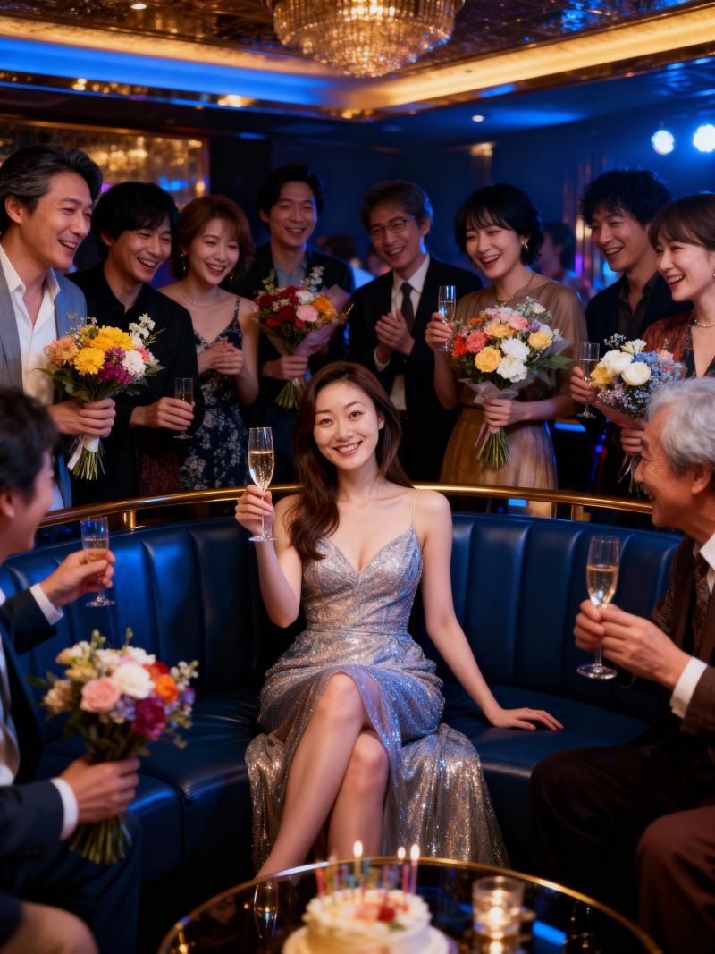 豪華なリムジンで誕生日パーティーを祝う人々のグループを、正面カメラのアングルから写実...。