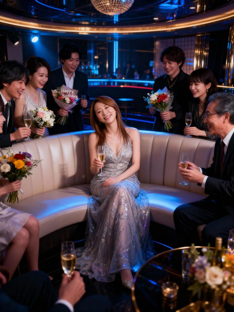 洗練された雰囲気の薄暗い豪華な部屋で、特別な日を祝う人々の様子を正面から写実的に撮影...。