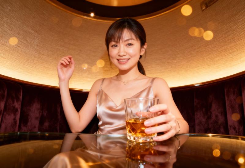 ボケ味のある薄暗い部屋で、ウィスキーを飲みながらテーブルに座る若い女性を正面カメラの...。