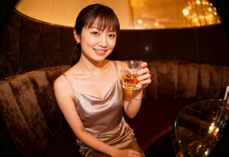 薄暗いレストランのソファに座り、右手にウィスキーのグラスを持った若い女性の写実的なポ...。