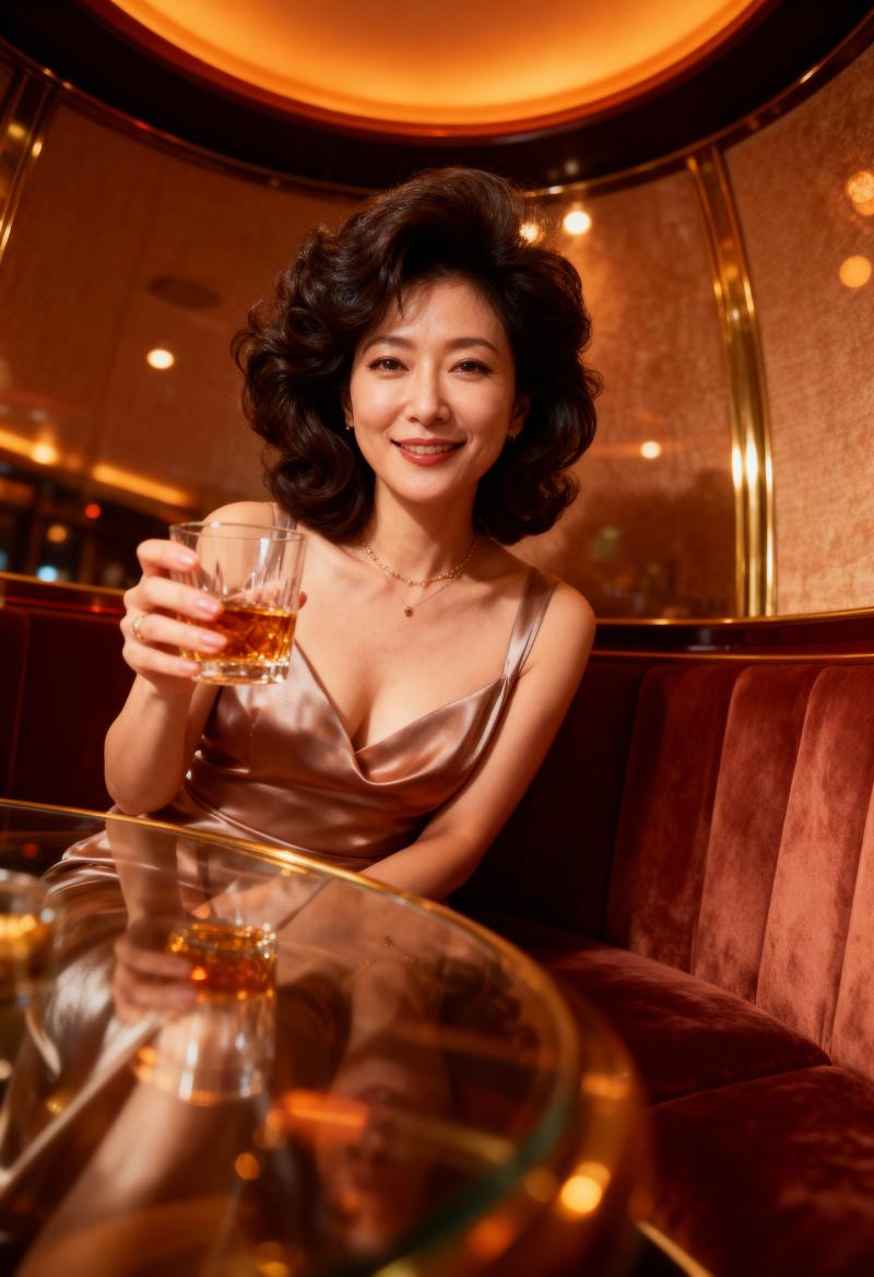 薄暗いレストランで、ウィスキーを飲みながらテーブルに座る女性を正面から撮影した写実的な写真。