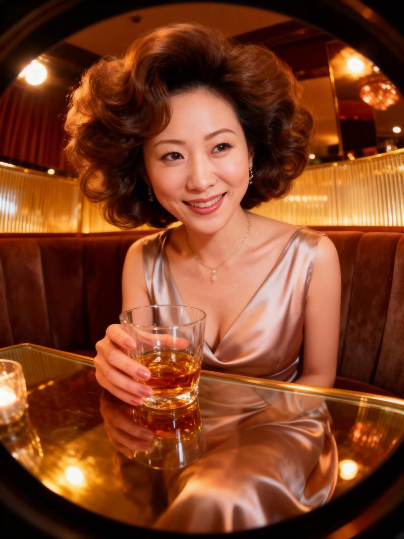 薄暗いレストランのテーブルに座り、ウィスキーのグラスを持った女性の写実的なポートレート。