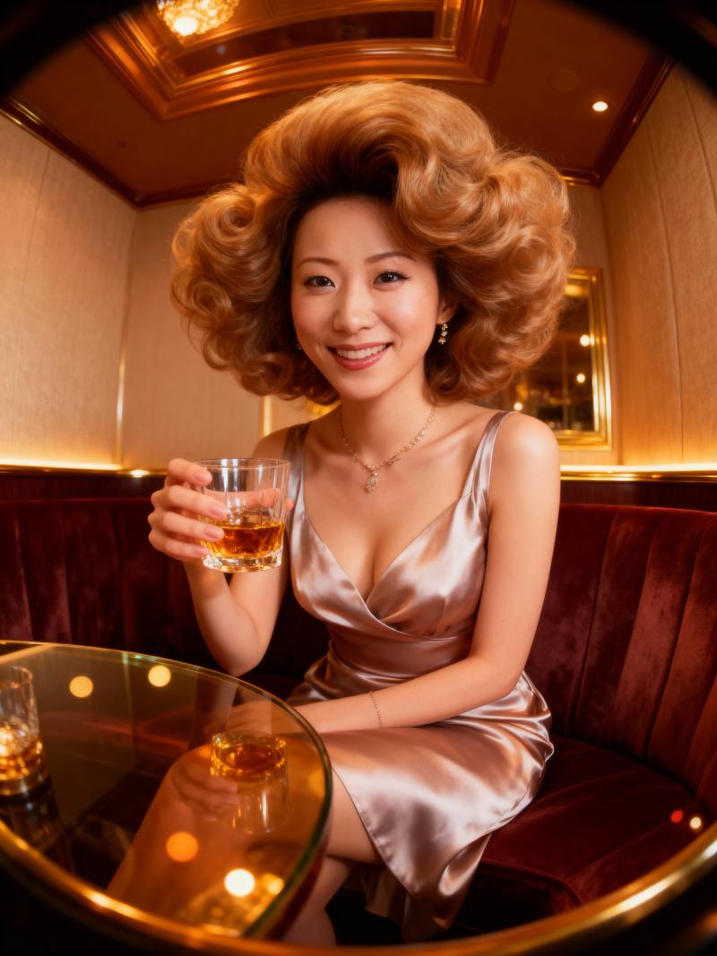 木の羽目板とワインレッドのベルベットのブースのある薄暗い部屋で、ネックラインが大きく...。