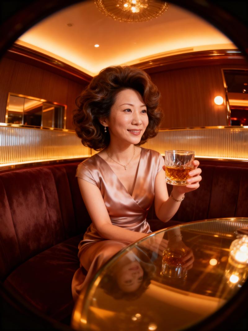 高級レストランのテーブルに座り、ウィスキーのグラスを持った女性を円形の視点から写実的...。