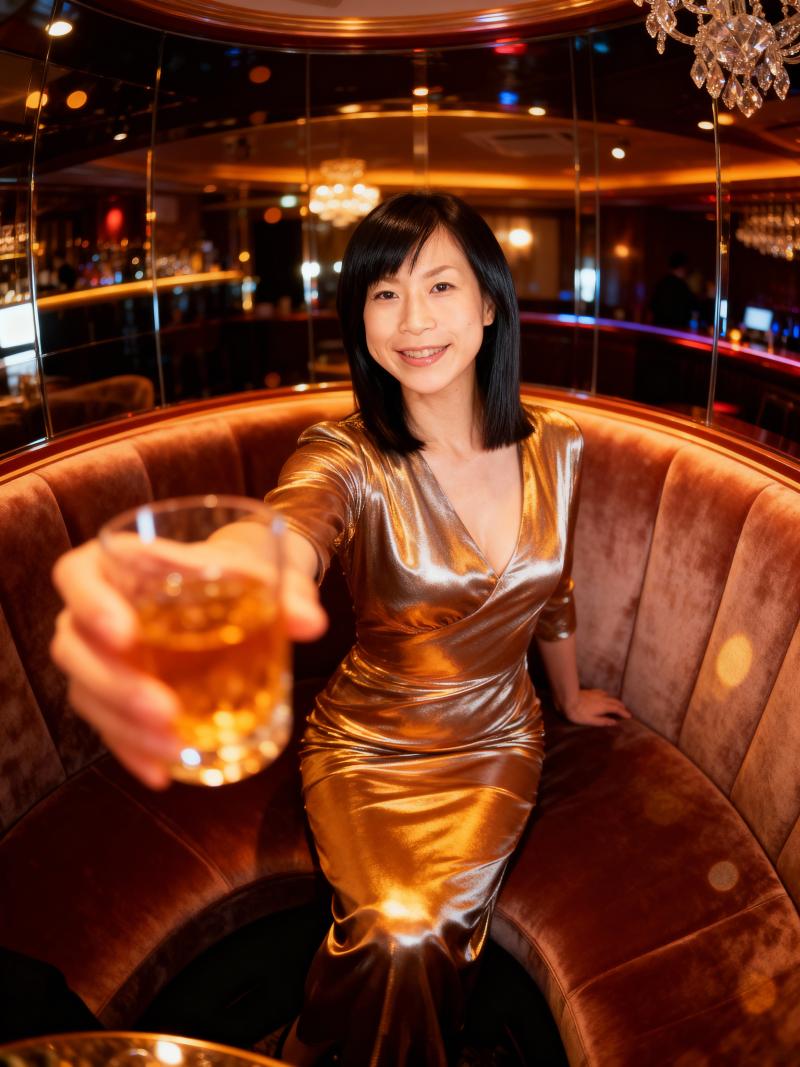 薄暗いバーのブースに座り、ドリンクのグラスを持った女性を自撮りアングルで写実的に撮影...。