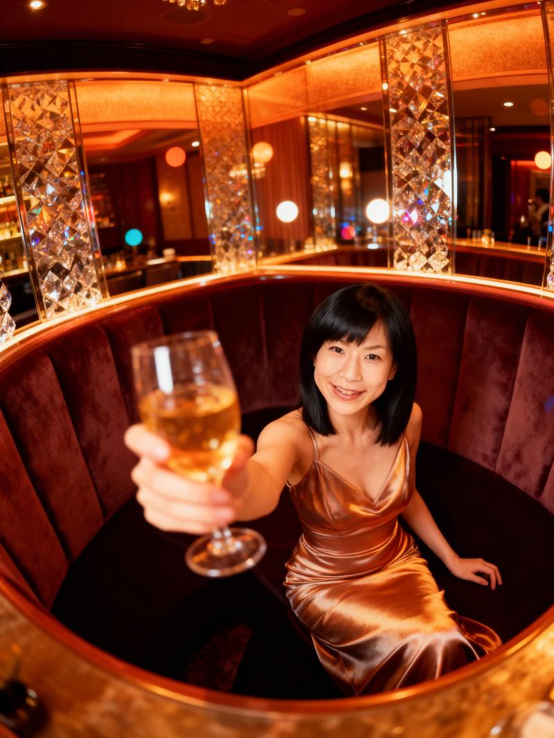 豪華なブースに座ってシャンパングラスを持った女性をローアングルから撮影した写実的なショット。
