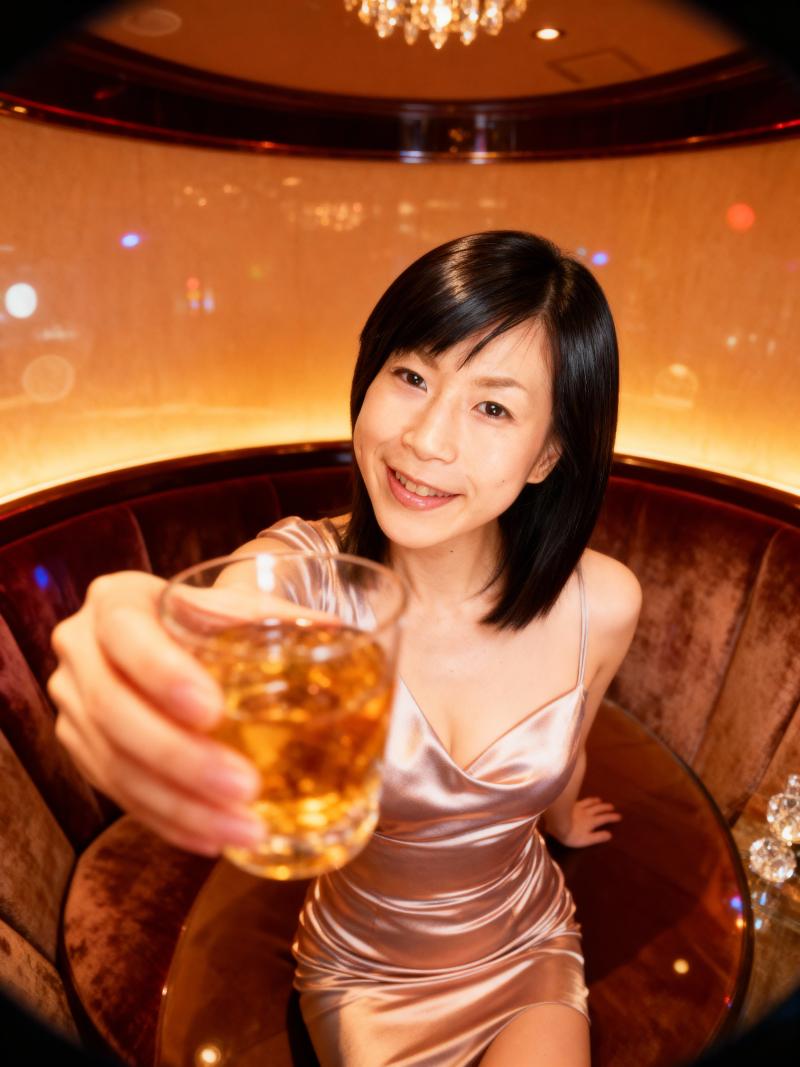 薄暗いレストランでウィスキーのグラスを持った女性を鳥瞰図から写実的に撮影したもの。