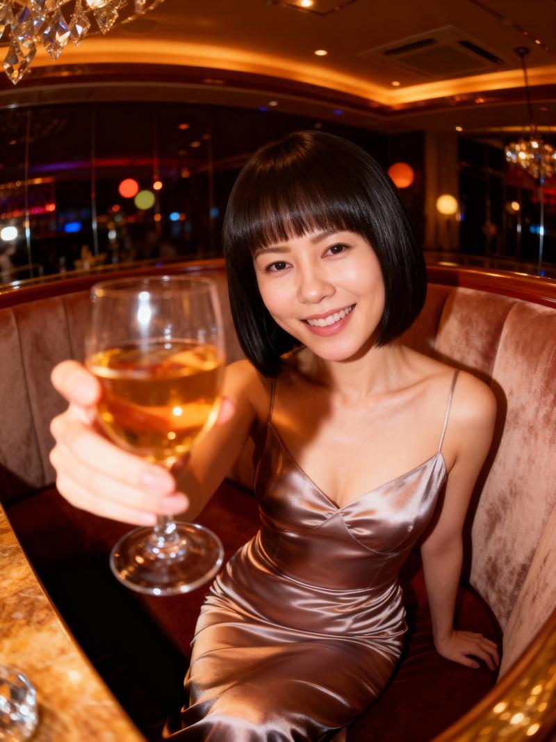 絹のような茶色のスリップ ドレスを着て、コニャックのグラスを持ち、バーに座っている若...。