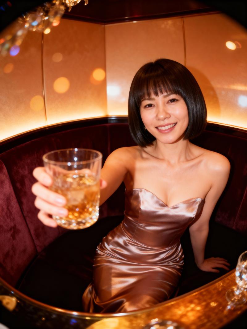 画像の中央に座り、右手にアイスティーのグラスを持った女性。