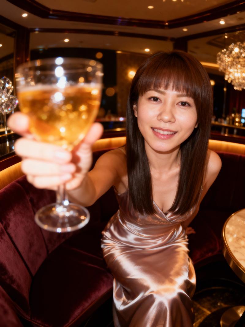 豪華なレストランでシャンパンのグラスを持った女性を横から撮影した写実的な写真。