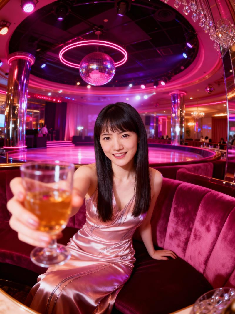 薄暗いナイトクラブのソファに座り、琥珀色の飲み物の入ったグラスを持った若い女性を正面...。