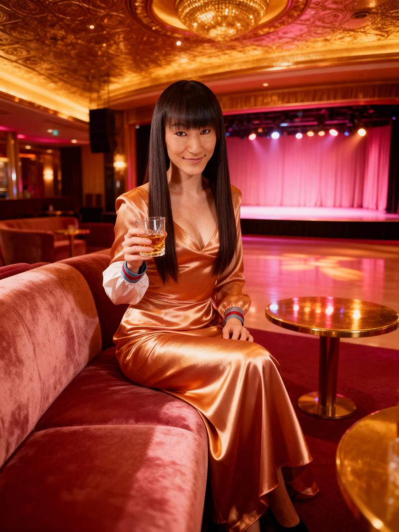 薄暗い部屋で高級ソファに座り、ウィスキーのグラスを持った女性を正面から写実的に撮影した写真。