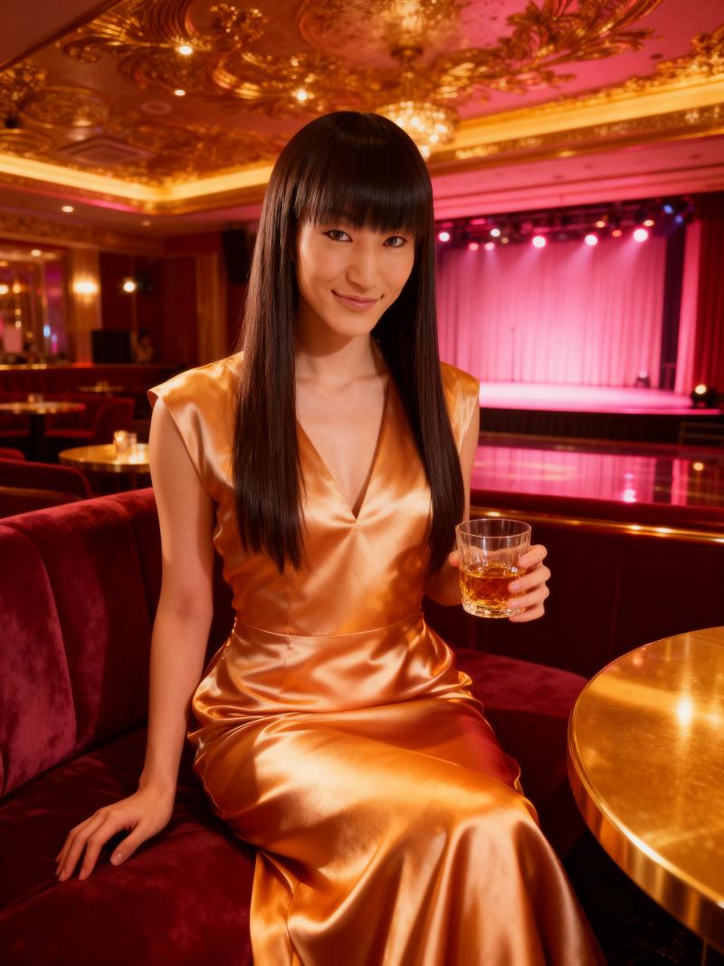 高級レストランの赤いベルベットのソファに座り、ウィスキーのグラスを持った女性を正面か...。