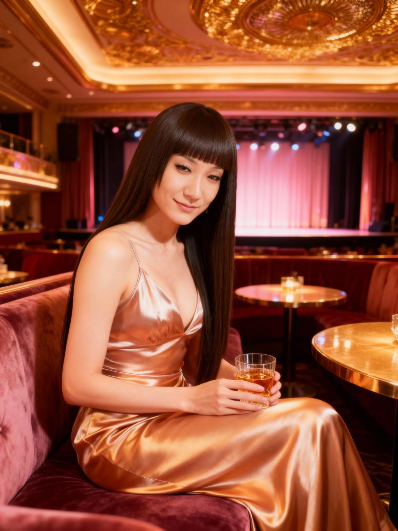 薄暗い劇場で豪華なソファに座り、ドリンクのグラスを持った若い女性を正面から写実的に撮...。