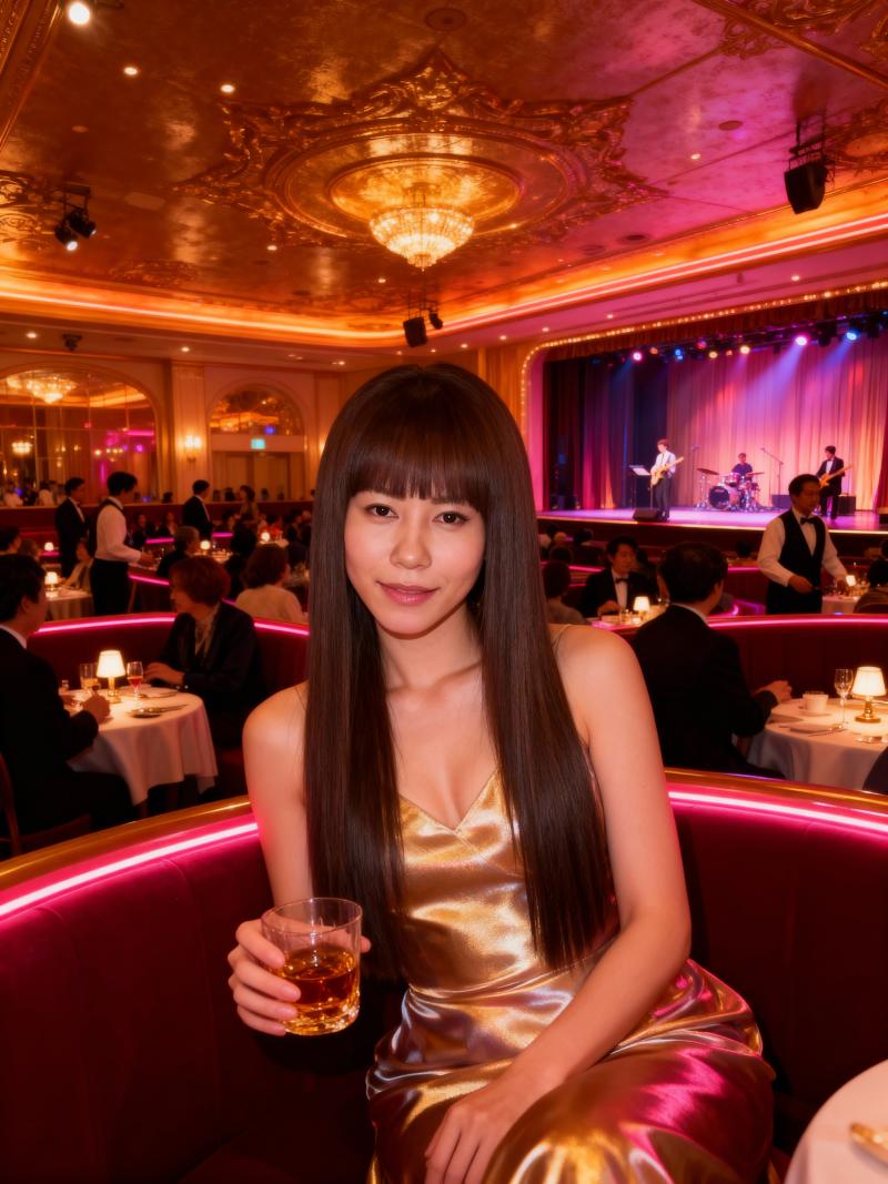 高級レストランでウィスキーのグラスを持った若い女性を正面から写実的に撮影したもの。