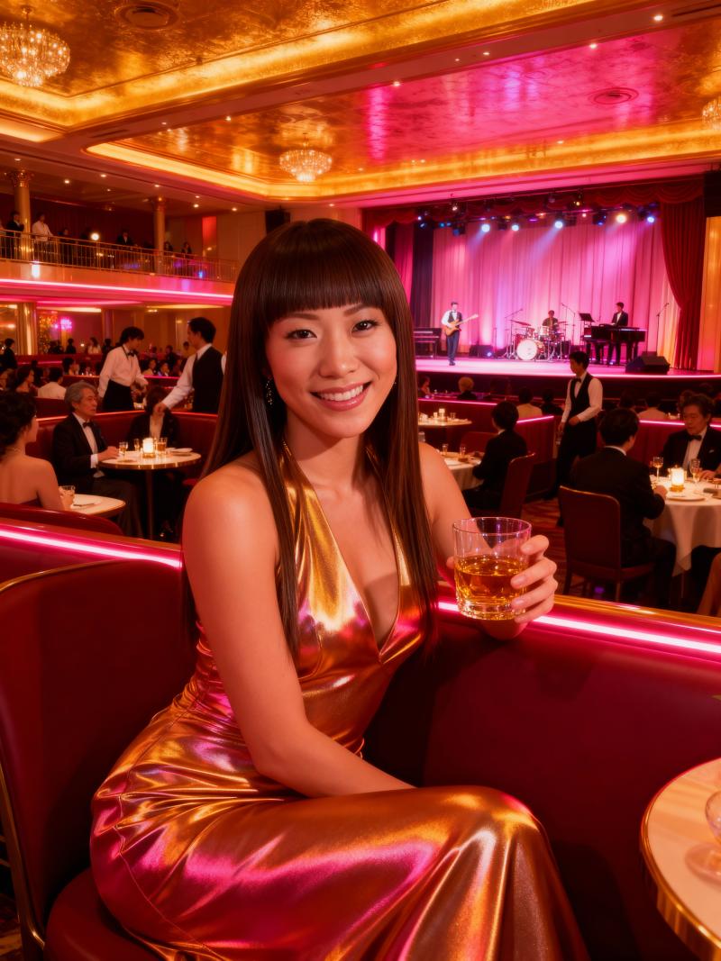 高級レストランでウィスキーのグラスを持ち満面の笑みを浮かべている女性を正面カメラのア...。