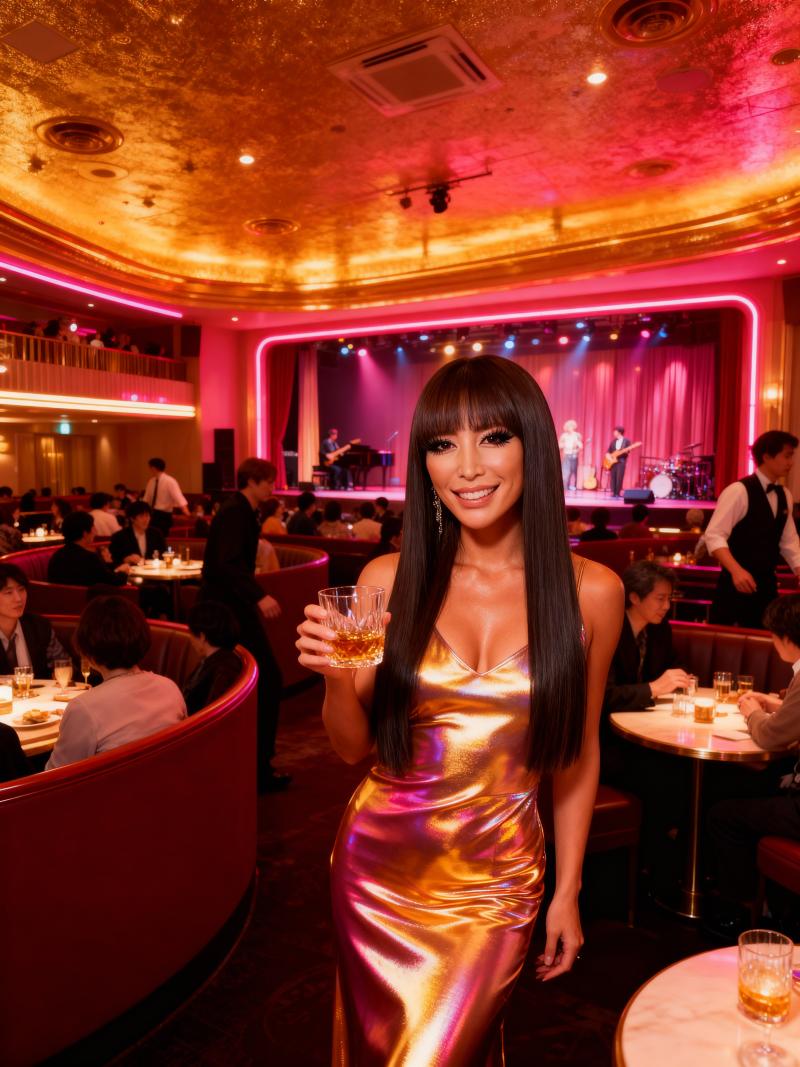 ステージを背景にした薄暗いレストランで、光沢のあるメタリックなドレスを着た女性がウイ...。