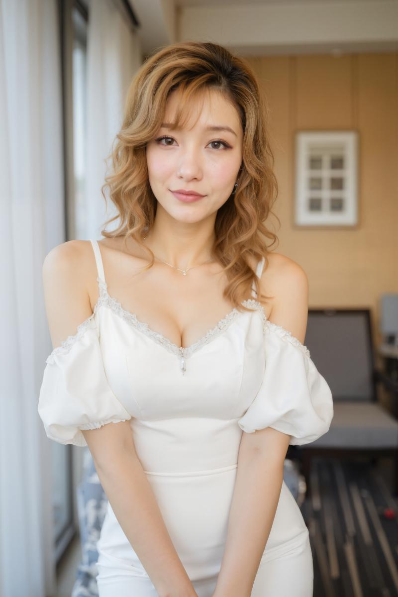 屋内で自信を持ってポーズをとる、白いドレスを着たウェーブのかかった茶色の髪の若い女性...。