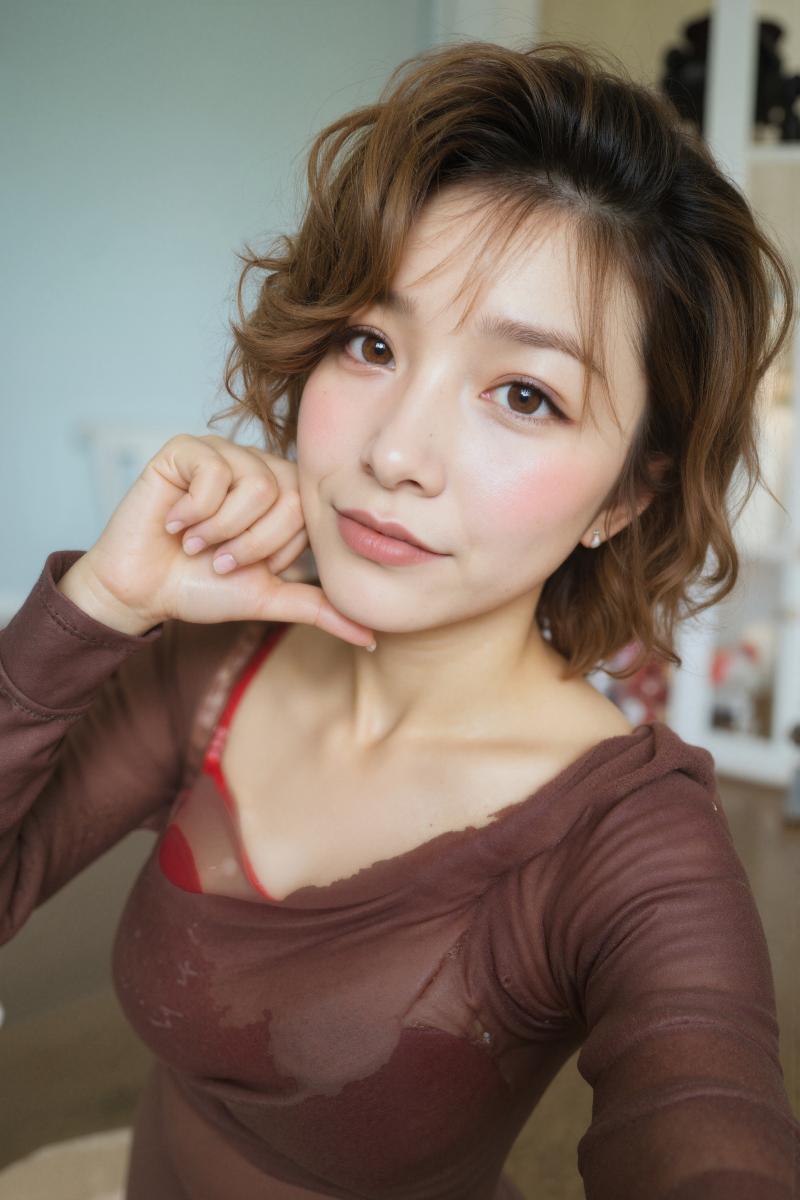 薄い茶色のトップスとその下に赤いブラを着て、思慮深い表情でポーズをとる若いアジア人女...。