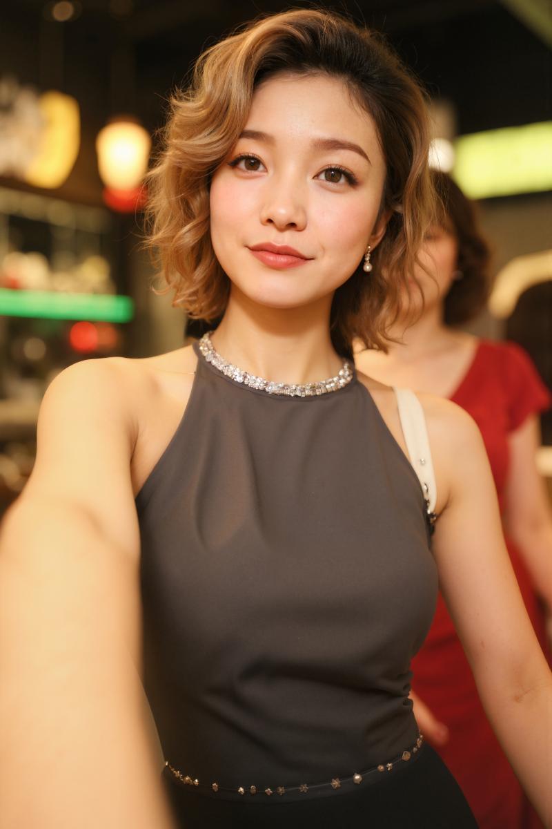 黒いノースリーブのトップスとダイヤモンドのネックレスを着て自撮りをする若い女性を、自...。