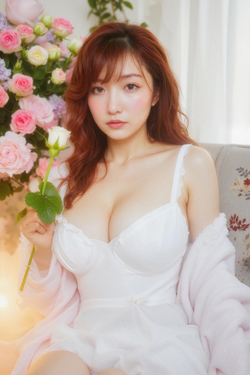 ピンクと白のバラの花束を背景にソファに座る若い女性を正面から写実的に撮影したもの。