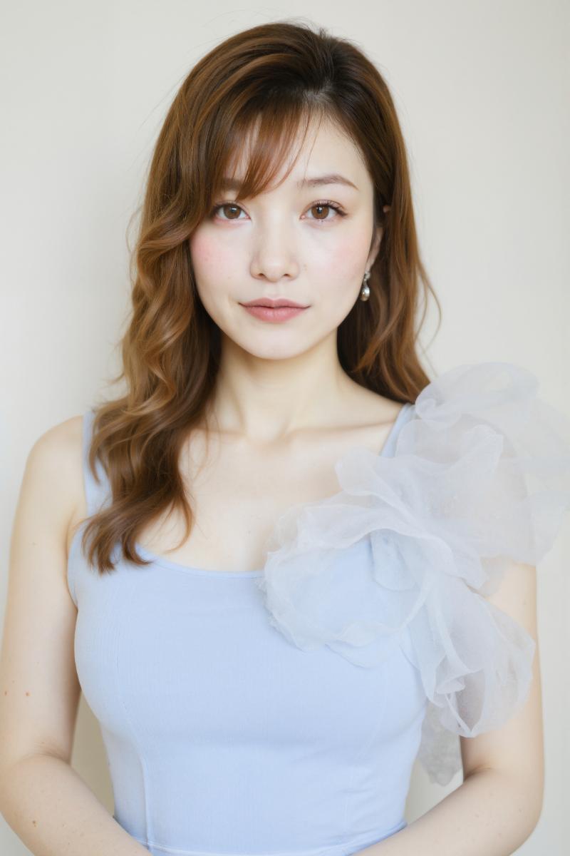 肩にチュールのフリルが付いたライトブルーのノースリーブトップを着た、ウェーブのかかっ...。