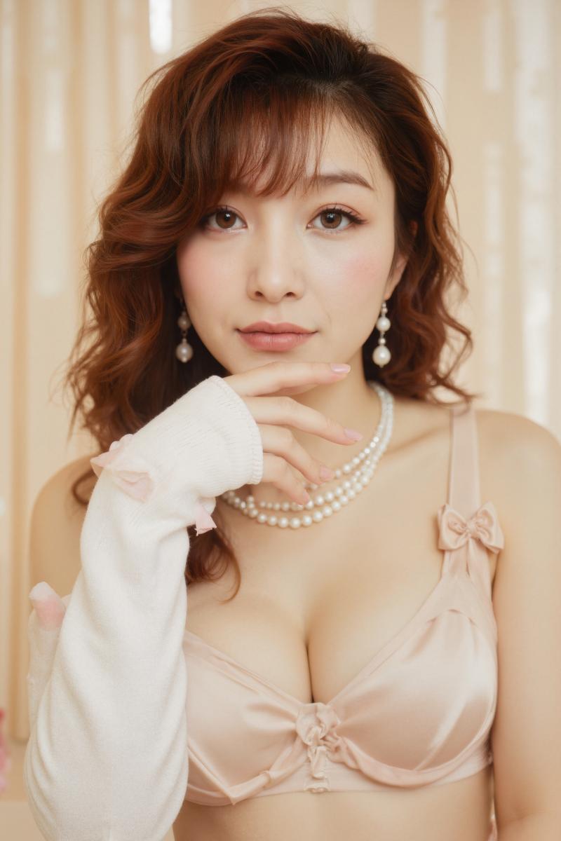 明るい肌とウェーブのかかった茶色の髪を持つ若い女性の写実的なポートレート。