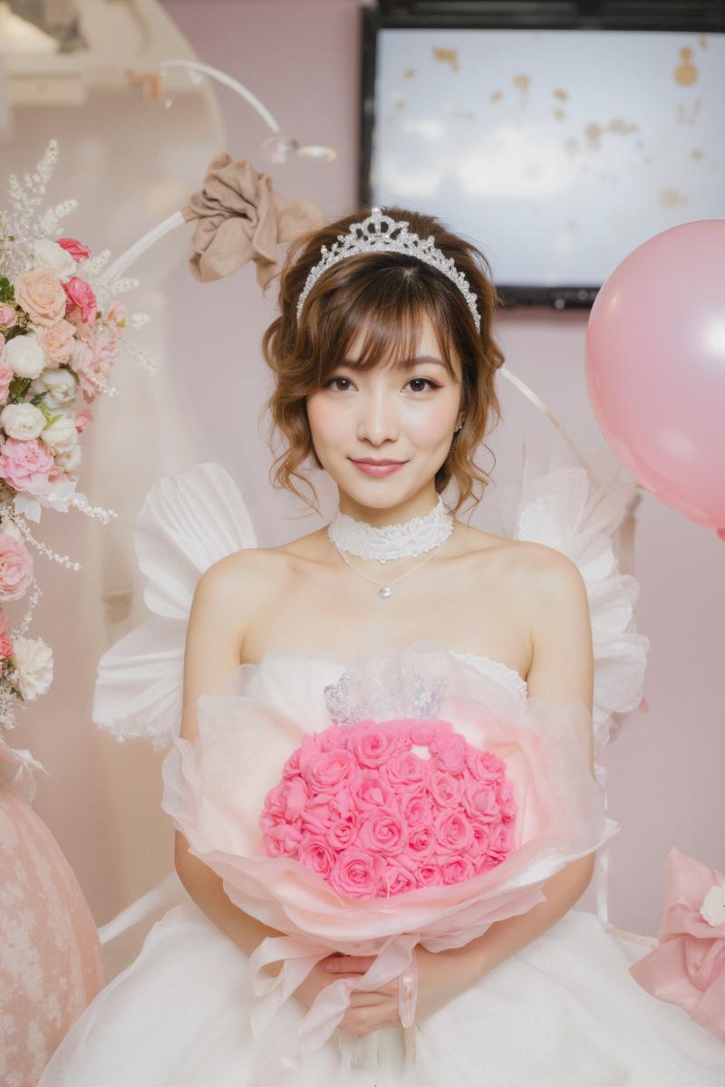 ピンクのバラの花束を持った白いウェディング ドレスを着た美しい花嫁をフィーチャーした...。