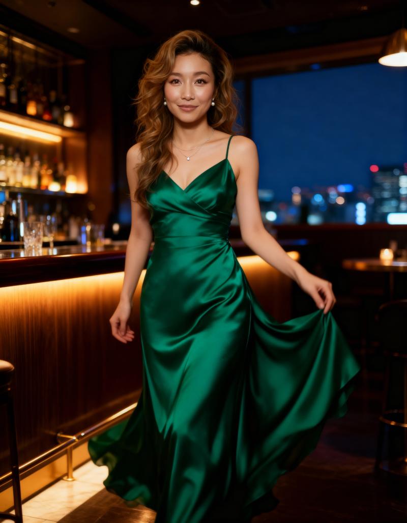 薄暗いバーに立つ、流れるようなエメラルドグリーンのロングドレスを着た女性を横から撮っ...。