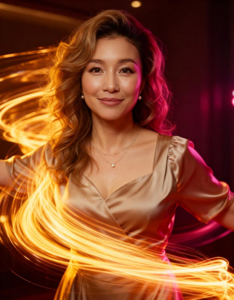 ウェーブのかかった長い茶色の髪を持ち、深い V ネックラインと半袖の絹のような茶色の...。