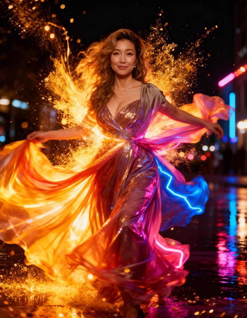 きらめく粒子とカラフルなライトに囲まれ、夜の街並みの中で、カラフルにきらめくドレスを...。
