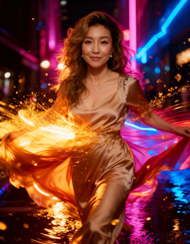 ウェーブのかかった茶色の長い髪をした女性が、流れるような金色のサテンのドレスを着て画...。