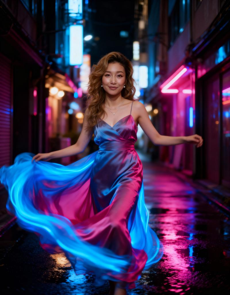 ネオンが輝く路地で踊るピンクとブルーの流れるようなドレスを着た若い女性を、正面カメラ...。