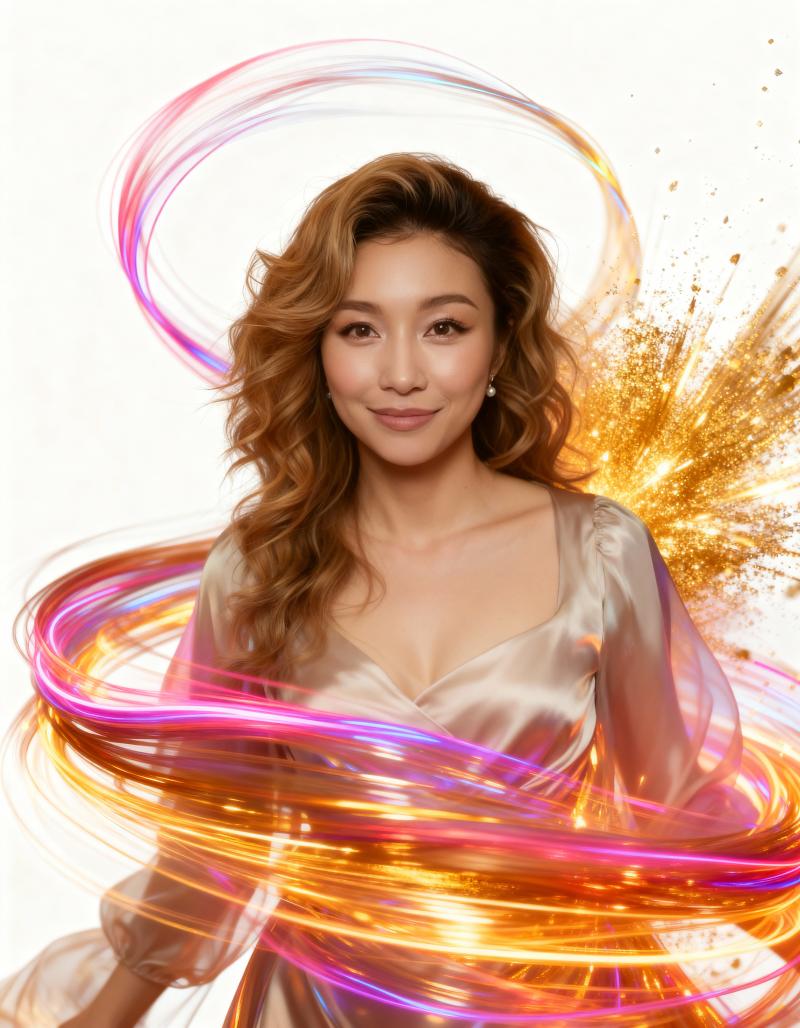 画像の中央に、深い V ネックの絹のような白いドレスを着た、ウェーブのかかった茶色の...。