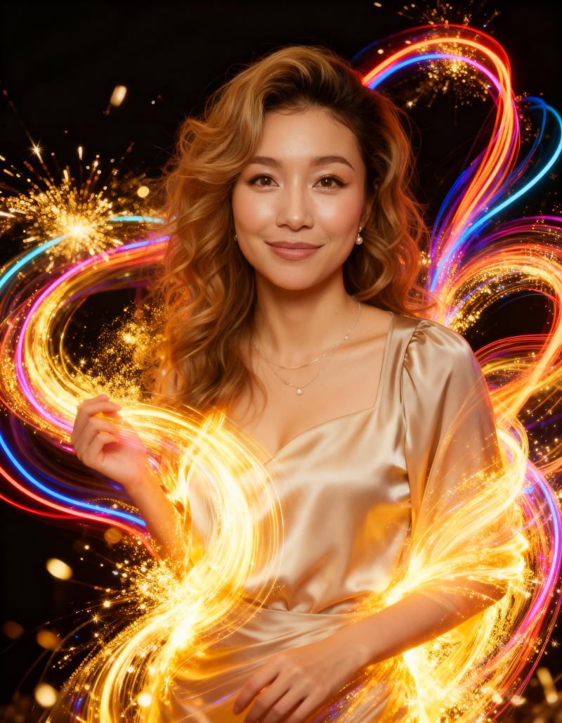 ウェーブのかかった茶色の長い髪を持ち、彼女の姿を強調する絹のような金色のドレスを着た...。