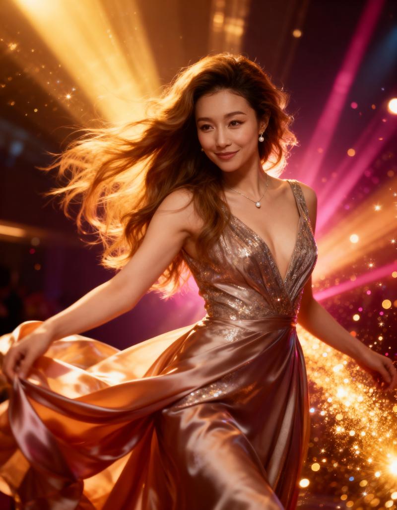 きらめく金色のドレスを着た女性が光の効果を背景に踊る様子を、正面カメラのアングルから...。