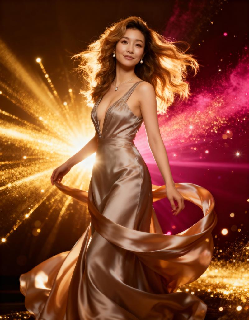 背景に鮮やかな色と輝きを備えた、流れるようなシルクのドレスを着た美しい女性を正面カメ...。