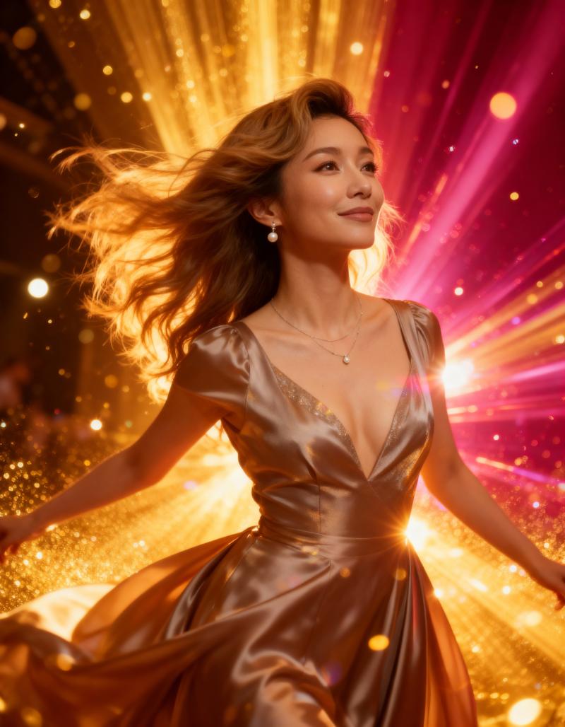 輝く光の活気に満ちた背景の中で、光沢のある茶色のドレスを着て楽しそうに踊る女性を、フ...。