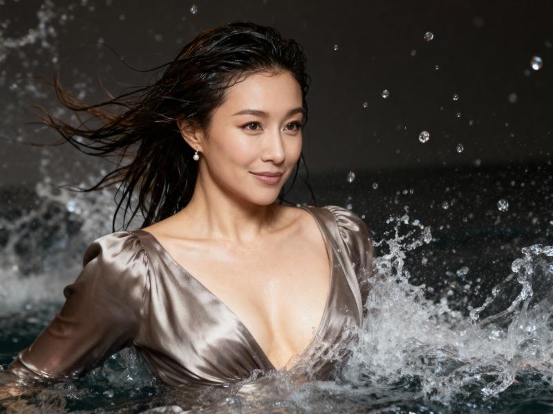 クローズアップカメラの角度から撮影された、ホットタブに入っている女性の写実的なポートレート。