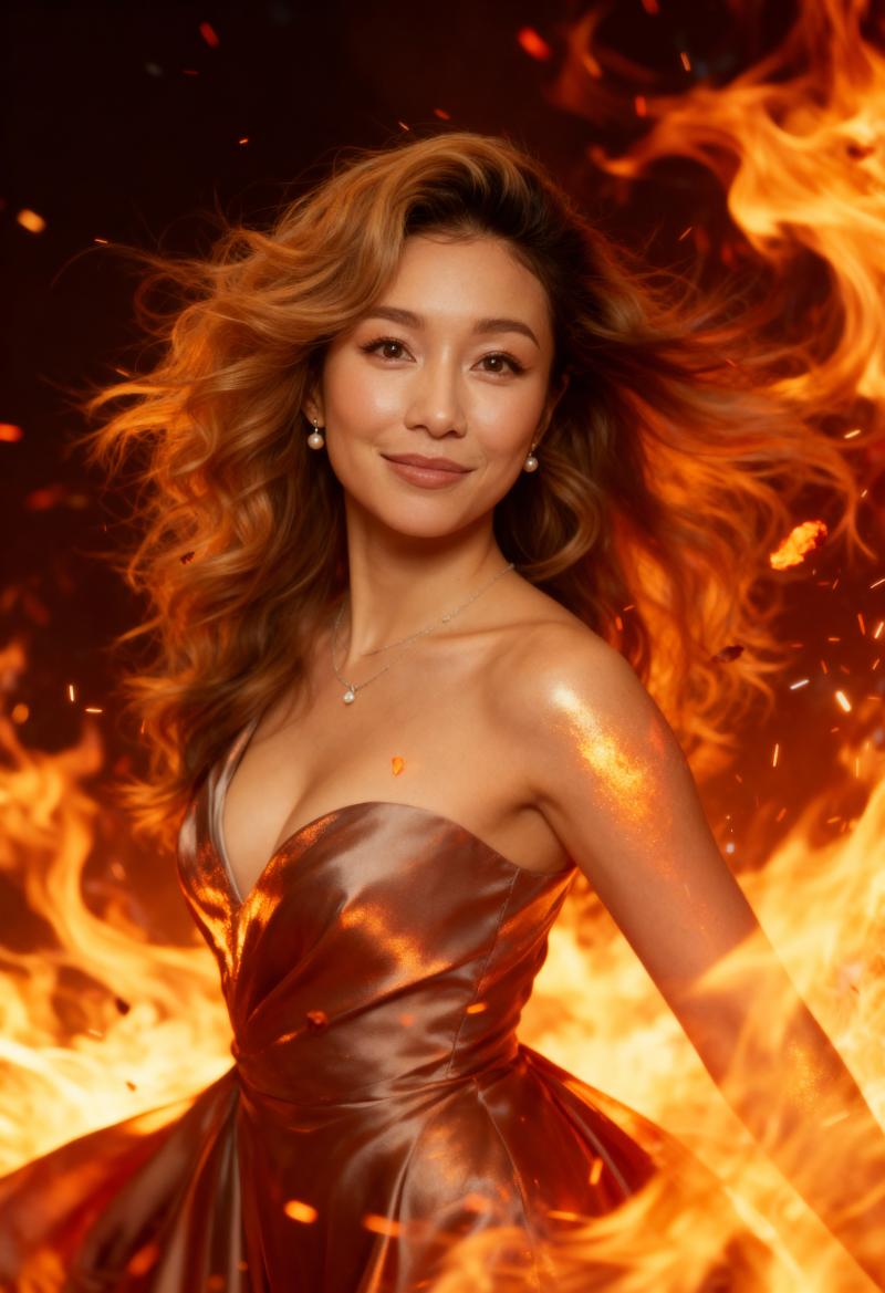 燃えるような背景の前に立つ、ストラップレスの光沢のあるオレンジ色のドレスを着た、ウェ...。