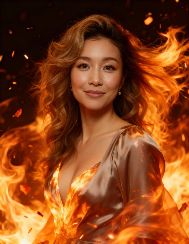 燃えるような背景の前に立つ、長くウェーブのかかった茶色の髪を持つ美しい女性の写実的な...。