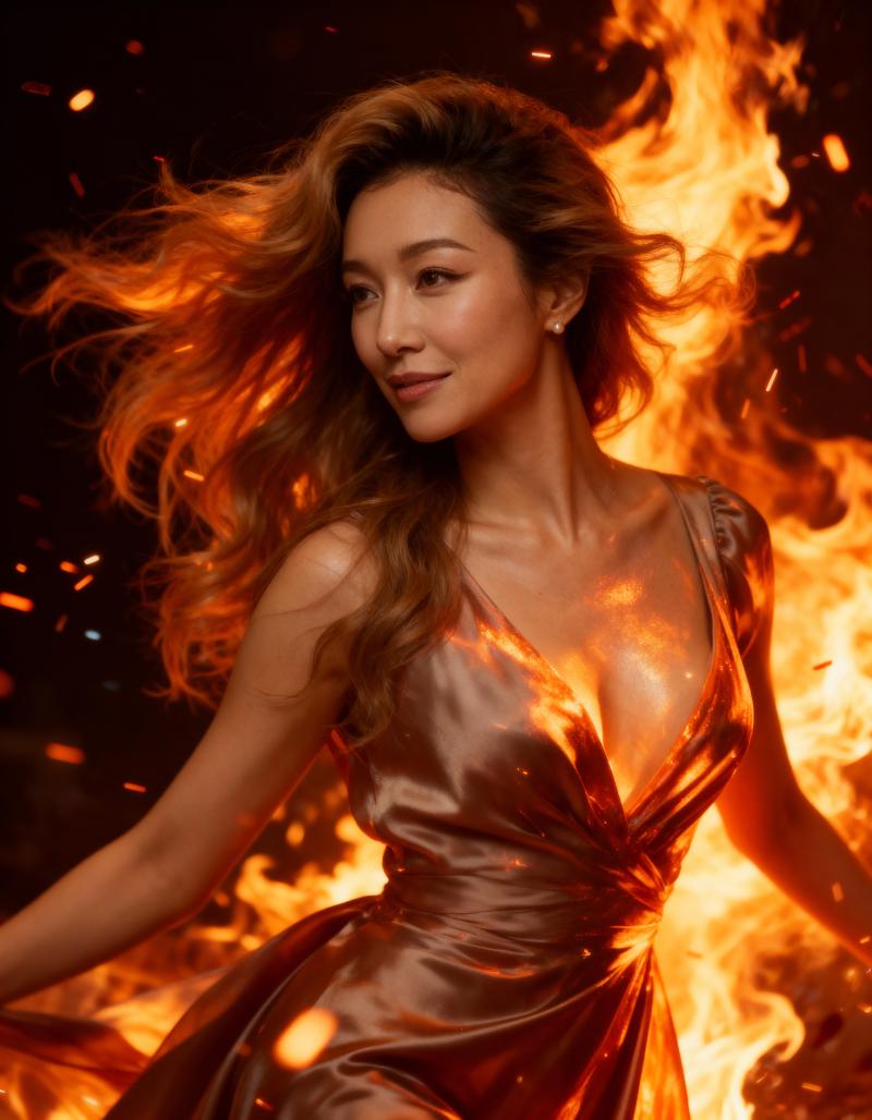 炎と火花に囲まれた、燃えるようなオレンジ色のドレスを着た女性を正面カメラのアングルか...。