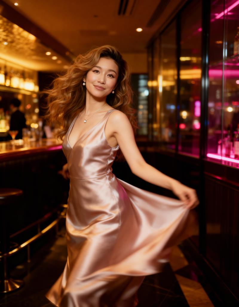 薄暗いバーの中で、流れるようなシルクのような長いドレスを着た女性を横から撮った写実的...。