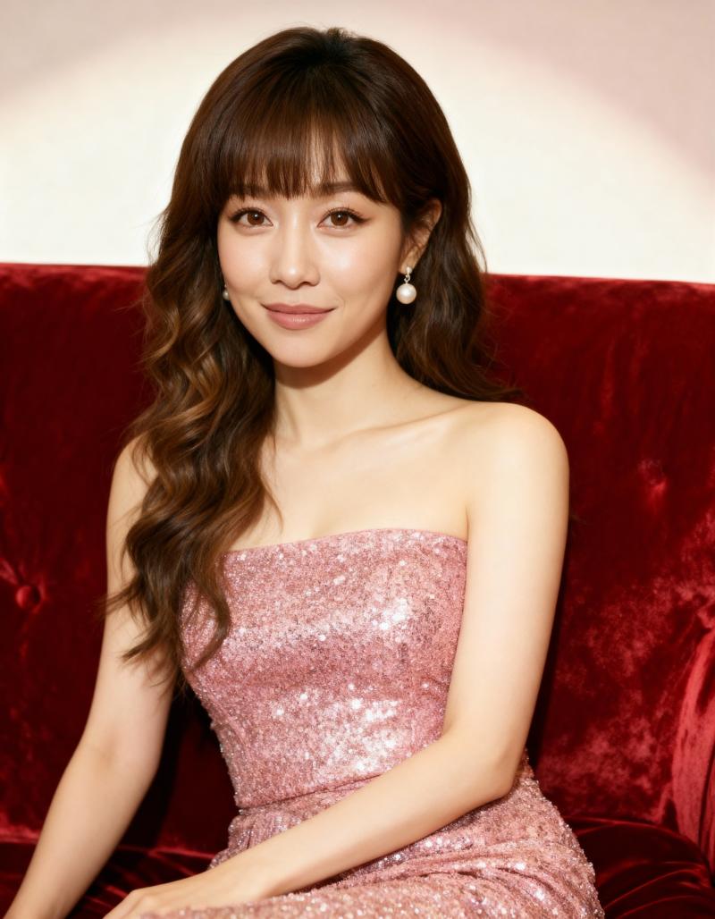 長くウェーブのかかった茶色の髪と前髪を持つ若い女性が、恋人のようなネックラインのスト...。