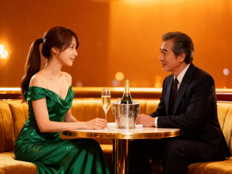 温かみのあるオレンジ色の照明が照らされた豪華なレストランのテーブルに座る男性と女性の...。