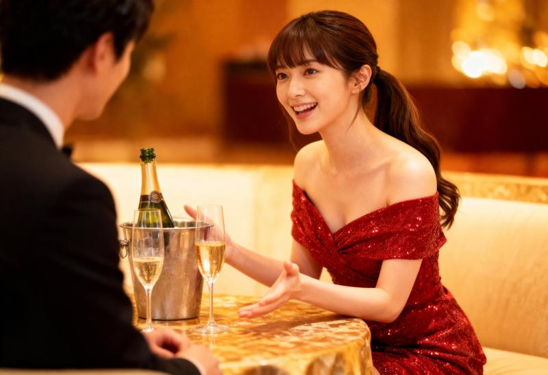 赤いスパンコールのドレスを着た若い女性が高級レストランのテーブルに座り、黒いスーツを...。