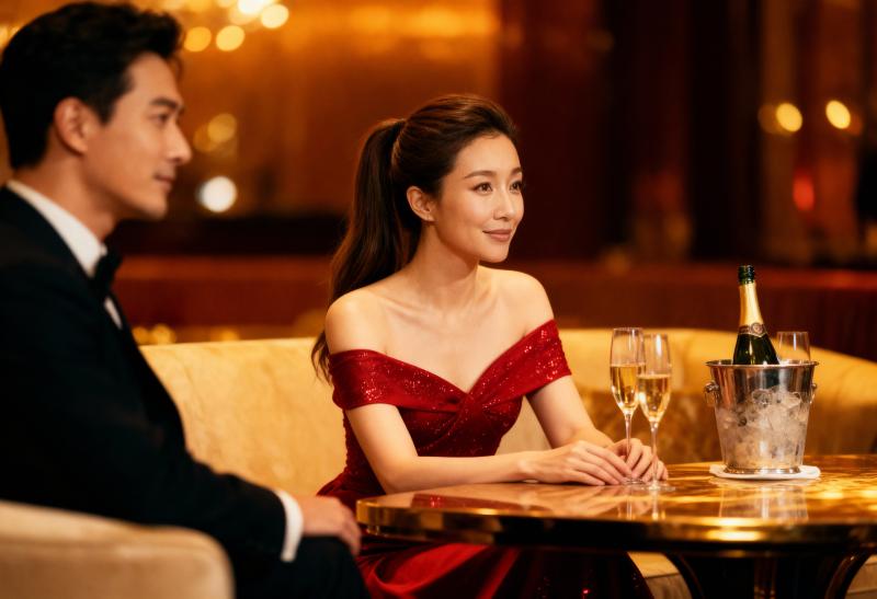 赤いスパンコールのドレスを着た女性がタキシードを着た男性と一緒に豪華なテーブルに座っ...。