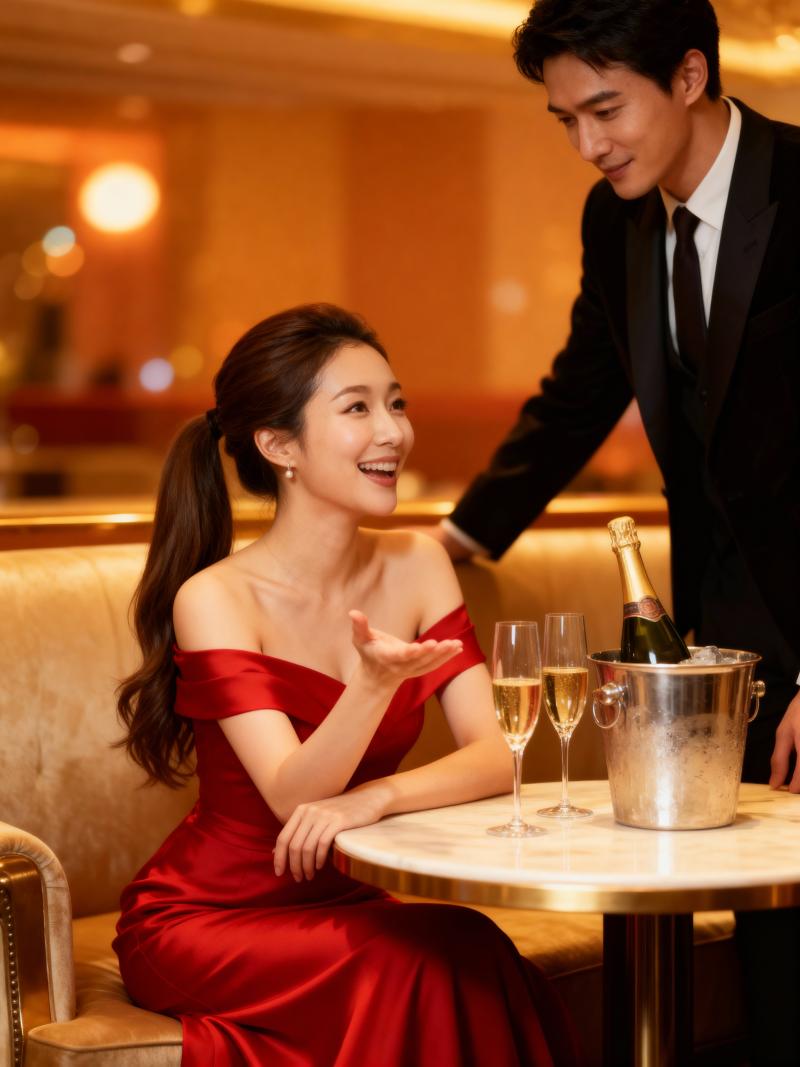 赤いオフショルダーのドレスを着た女性がテーブルに座り、その前にシャンパンが 2 杯あ...。